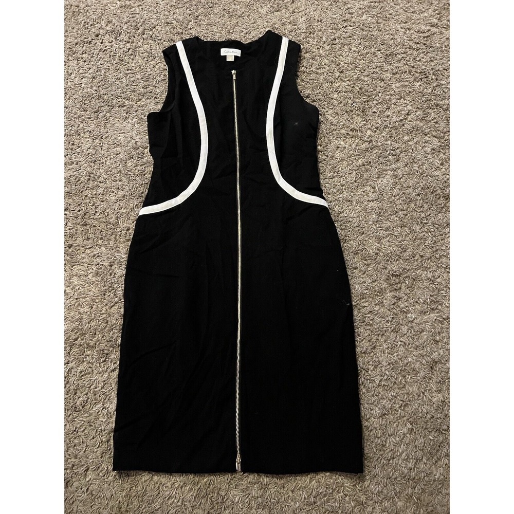 Calvin Klein Women's Black Zip Up Dress White Trim Sz 10 Very Good Condition!